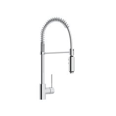 the kitchen faucet is shown in stainless steel and features a pull out sprayer