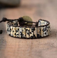 Bohemian Stone and Leather Cuff Bracelet - Moon Dance Charms Tan Bracelets, Bead Bracelet Patterns, Wrap Armband, Treasure Jewelry, Boho Cuff, Jasper Bracelet, Dalmatian Jasper, Wristband Bracelet, Wrap Bracelets