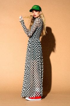 LALA ORIGINAL: More You Mesh Maxi Dress in Black + White Checkerboard – Dressed in Lala Checkered Dress Outfit, Concert Attire, Mesh Maxi Dress, Checkered Dress, Spandex Dress