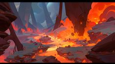 an illustration of a fire in the middle of a forest with lots of rocks and lava