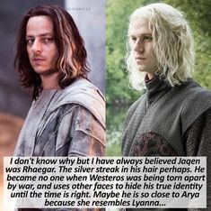 the two characters in game of thrones are both looking at each other and one has long white hair