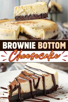 the brownie bottom cheesecake has been cut in half