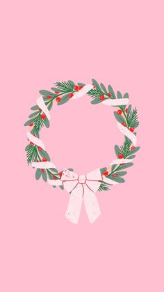 a christmas wreath with holly leaves and white ribbon on a pink background that says merry