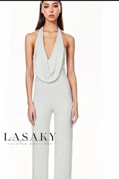 Lasaky - Chic Sleeveless Open-Back Halter Jumpsuit: Silver Thread Accents, Flattering Fitted Design - Perfect for Social Events Solid Color Jumpsuits, Maxi Dresses Fall, Halter Jumpsuit, Backless Jumpsuit, Strapless Jumpsuit, Sleeveless Jumpsuits, Costume Dress, High Waisted Pants, Boho Dress