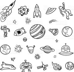 black and white space doodles with rockets, rocket ship, stars and planets