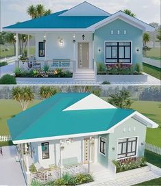 two pictures of the same house with different colors and designs on each side, one has a blue roof