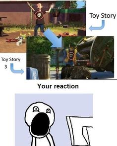 two pictures with the words toy story and an image of a boy in front of a trash can