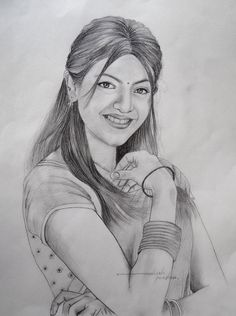 a pencil drawing of a woman with her arm around her neck and smiling at the camera