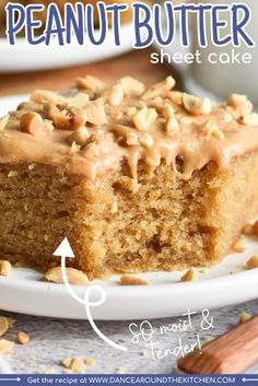 a close up of a piece of cake on a plate with peanut butter frosting