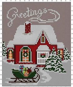 a cross stitch christmas scene with a red house and sleigh in the snow