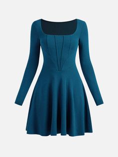 OGLmove Square Neck Corset Ruffle Hem Dress Long Sleeve Knit Dress Neck Corset, Long Sleeve Knit Dress, Ruffle Hem Dress, Dark Blue Color, Dress Long Sleeve, Hem Dress, Fitted Bodice, Long Sleeve Knit, Dress Long