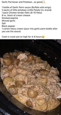 the crock pot is filled with potatoes and meat