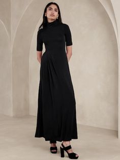 Women's Dresses | Banana Republic Wedding Guest Outfit Winter, Asymmetrical Maxi Dress, Cute Jumpers, Black Attire, Maxi Dress Black, Minimalist Wardrobe, Maxi Knit Dress, Mock Neckline, Maternity Fashion