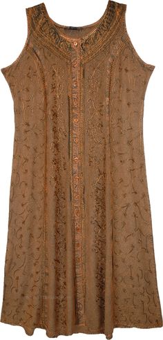 A beautiful rustic-looking long embroidered plus size rayon dress has a round neck and front enclosure buttons.  The embroidery pattern is all over on the front and the dress is sleeveless. #tlb #Sleeveless #Embroidered #vacationclothing #Fall #XLPlus #WesternDress #RenaissanceDress #embroidereddress #longdress #browndress Plus Size Hippie Outfits, Plus Size Hippie, Dress With Floral Embroidery, Plus Size Long Dresses, Dresses Western, Floral Embroidery Dress, Pattern Outfits, Brown Dresses, Western Dress