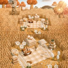 an illustration of a picnic in the middle of a wheat field with flowers and pies