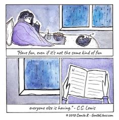 a comic strip with an image of a person sitting in front of a window and reading