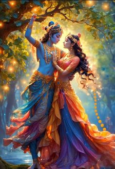 two women in colorful dresses dancing under a tree