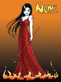 a woman in a red dress holding a wand and standing on fire with the word ome written above her