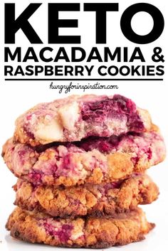 keto macadama and raspberry cookies stacked on top of each other