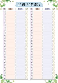 the printable 52 week savings planner is shown with green leaves and blue sky in the background