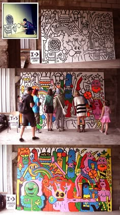 several people are standing in front of colorful paintings