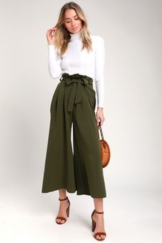 Audition Olive Green Paper Bag Waist Wide-Leg Pants Chic Non-stretch Lined Skirt, Fall Long Skirt For Night Out, Non-stretch Cotton Chic Skirt, Chic Non-stretch Cotton Skirt, Chic Non-stretch Knee-length Bottoms, Trendy Long Skirt For Work, Formal Non-stretch Skirt For Spring, Elegant Spring Flared Skirt Bottoms, Elegant Spring Skirt For Going Out