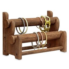 a wooden rack with rings on it