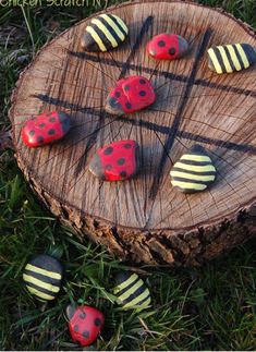 four red and white buttons sitting on top of a piece of wood in the grass