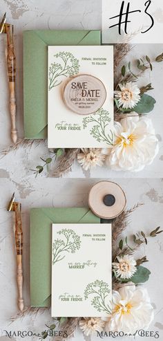 wedding stationery and save the date cards on top of each other with flowers in them