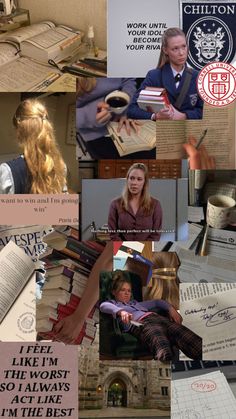 the collage shows many different things that are being used in this image, including books and papers