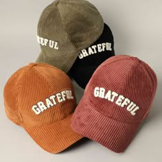 "Top off your look with our popular Dad Hat. In soft velvety-textured corduroy, it's a cool classic designed to add personal shade wherever you go! ** 🧢 Detail & Features 🧢 ** Made from 100% cotton. Vintage retro style, professional-quality 3D embroidered \" GRATEFUL \" lettering. Lightweight & durable, with adjustable metal buckle back closure. * In soft velvety-textured corduroy * Subtle 3D embroidered \" GRATEFUL \" lettering * Simple and comfortable hat for daily * Metal buckle adjustment Aesthetic Hats, Embroidery Caps, Personalized Baseballs, Cap Designs, Hat Embroidery, Embroidered Baseball Caps, Embroidered Caps, Embroidered Hats, Christian Clothing