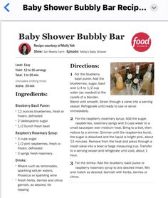 the baby shower bubbly bar recipe is displayed on an iphone screen, with instructions for how to use it