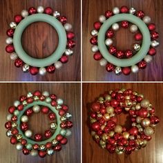 four pictures of christmas wreaths with ornaments