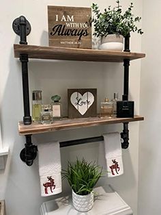 a bathroom with two shelves above the toilet and a plant on the shelf next to it