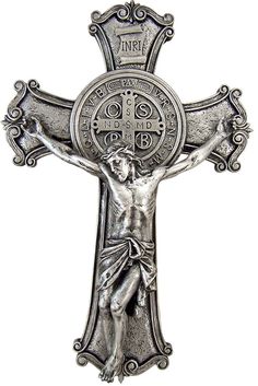 the crucifix with jesus on it's cross is shown in silver