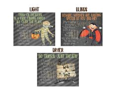 three halloween signs with different sayings and pictures on the front, side, and back