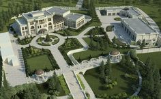 an artist's rendering of a large mansion in the middle of a lush green area