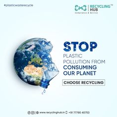 a poster with the words stop plastic pollution from consuming our planet, and an image of a recycling bottle