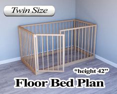 a baby crib in the corner of a room with text overlay that reads full size height 42'floor bed plan