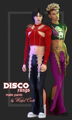 two people are standing next to each other in different colored outfits, with the caption disco rings male pants by night club