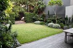 an outdoor garden with wooden decking and grass