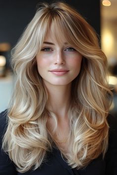 15 Stunning Ideas For Textured Layers With Curtain Bangs Hot Hairstyles For Women, Medium Hair Round Face, Layers With Curtain Bangs, Curtain Bangs And Layers, Blonde Ambition, Women Portraits, Layered Hair With Bangs, Textured Layers, Honey Blonde Highlights