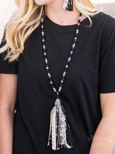 Beaded Statement Necklace Tassels Black & Silver Mobile Fashion Truck, Silver Crystal Necklace, Fabric Tassel, 32 Necklace, Fashion Truck, Marietta Georgia, Layered Beaded Necklaces, Denim Jewelry, Oval Stud Earrings