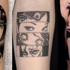 three different tattoos on the legs of people with their faces drawn in black and white