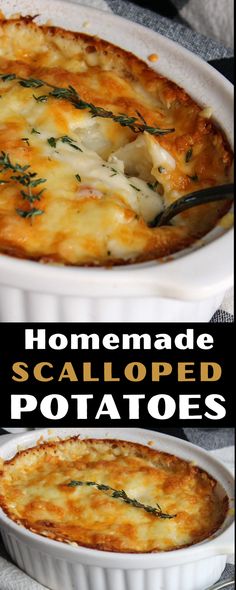 homemade scalloped potatoes in a white casserole dish with text overlay