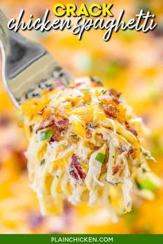 a fork full of chicken and pasta casserole on a white plate with the title overlay