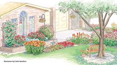 a watercolor drawing of a garden with flowers and plants in the foreground, next to a brick house