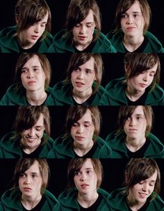 many different pictures of a young man in green hoodie looking at the same person's face