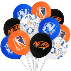 a bunch of nerf balloons are in the shape of a baseball player with an orange and blue logo on them