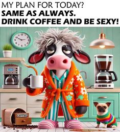 a cartoon cow is holding a coffee cup and standing next to a pug dog